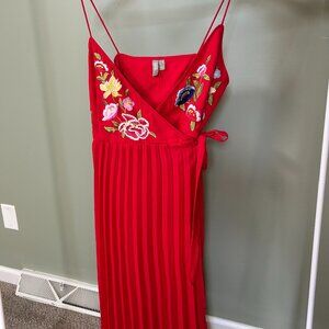 ASOS Red Wrap Dress with Floral Embroidery | Pleated Midi Dress | Wedding Guest
